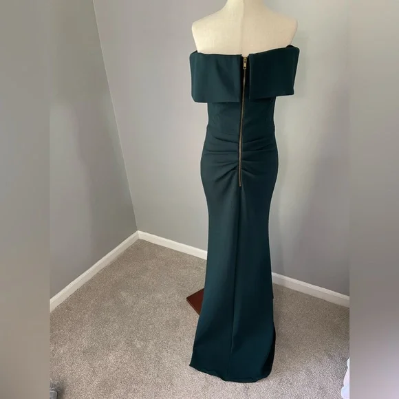 Aqua formal off shoulder scuba gown crepe emerald